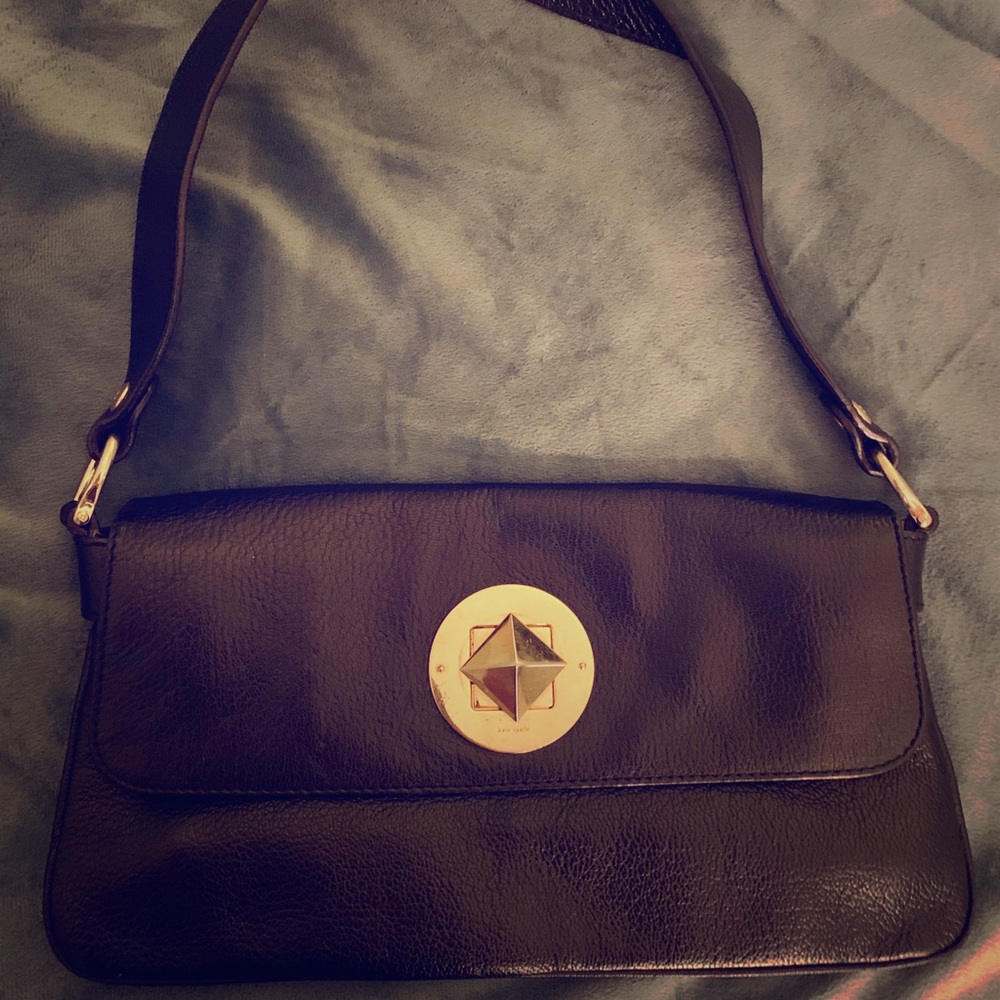 Kate Spade black leather handbag w gold turn-clasp